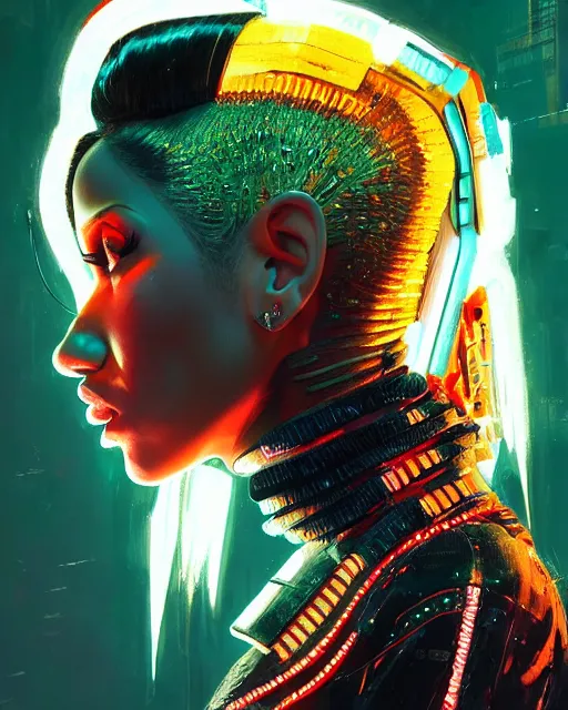 Image similar to detailed side profile portrait Cardi B, cyberpunk futuristic neon, reflective puffy coat, decorated with traditional Japanese ornaments by Ismail inceoglu dragan bibin hans thoma greg rutkowski Alexandros Pyromallis Nekro Rene Maritte Illustrated, Perfect face, fine details, realistic shaded, fine-face, pretty face