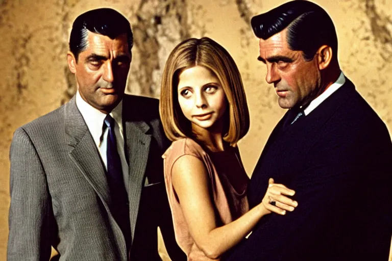 Image similar to cary grant as giles in buffy the vampire slayer, along side sarah michelle gellar 1 9 9 8