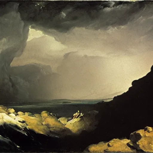 Image similar to goya the colossus painting, giant on the horizon, colossus in background, made of stone, atmospheric haze, stormy, tundra, hudson river school, princess in foreground, large scale