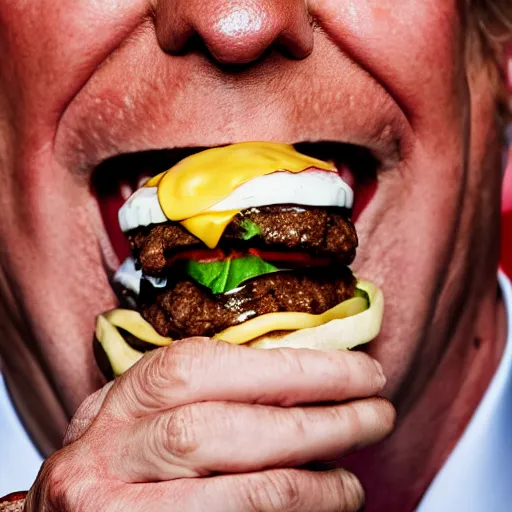 Prompt: macro photo still of donald trump! licking! a burger with his! tongue! out, mmmmm, studio portrait photo, studio lighting, rim light, key light, food photography, 3 5 mm f 1. 8