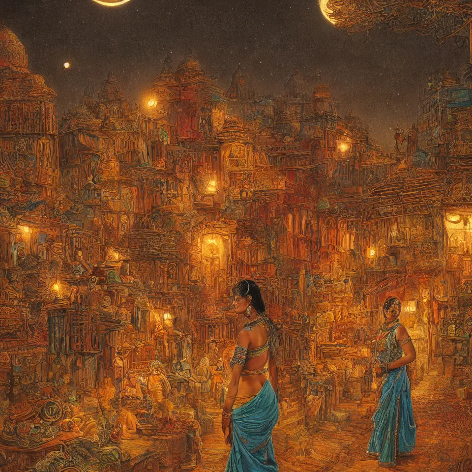 Image similar to young indian woman standing in a spice market at night by the ocean with the moon above, masterful intricate artwork, high detail 8 k