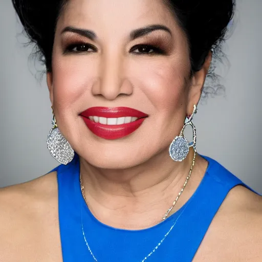 Image similar to dslr photo portrait still of 5 1 year old age 5 1 selena quintanilla at age 5 1!!!, 8 5 mm f 1. 8, studio lighting, vogue