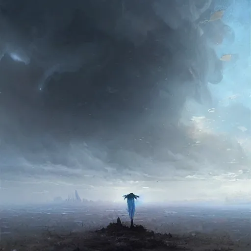 Image similar to Single blue magical flower growing on an ashen field, apocalyptik city, clouded sky, oil painting, by Greg Rutkowski