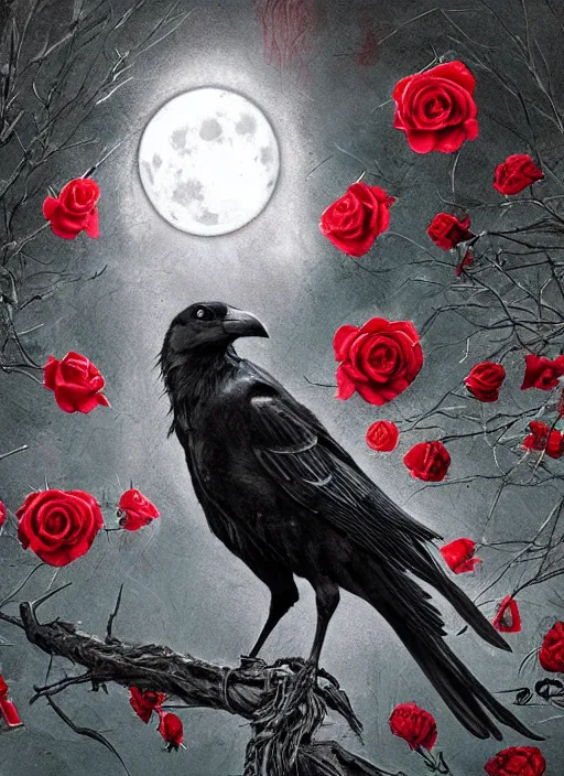 Image similar to portrait, A crow with red eyes in front of the full big moon, book cover, red roses, red white black colors, establishing shot, extremly high detail, foto realistic, cinematic lighting, pen and ink, intricate line drawings, by Yoshitaka Amano, Ruan Jia, Kentaro Miura, Artgerm, post processed, concept art, artstation, matte painting, style by eddie mendoza, raphael lacoste, alex ross