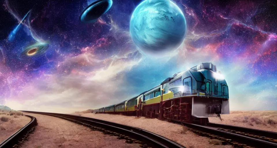 Image similar to inter dimensional sci - fi train far future, travelling across the stars, cosmos, galaxy, 8 k