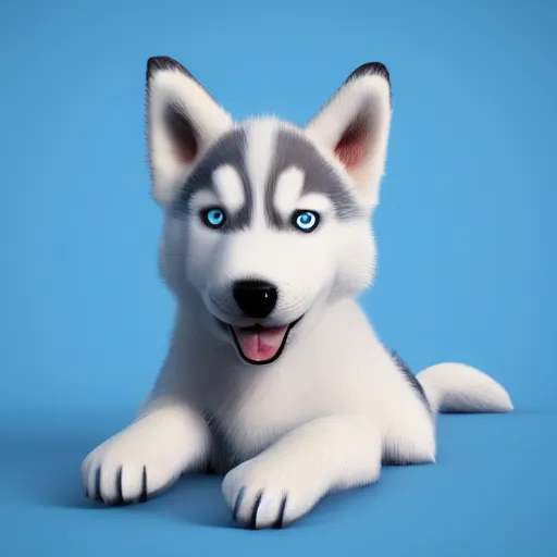 Prompt: 3d render of a cute husky puppy sitting on a light blue background, digital art, very coherent symmetrical artwork, cinematic, high detail, octane render, unreal engine, 8k, Vibrant colors, Smooth gradients, High contrast, trending on artstation