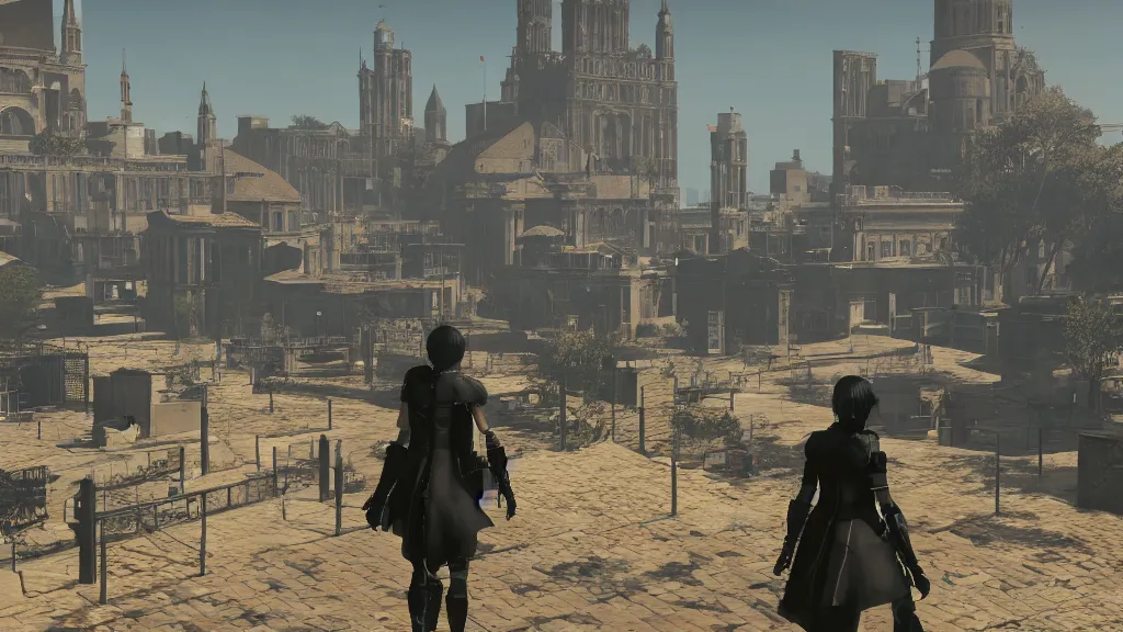 Image similar to Screenshot from Nier Automata in Marseille. In the background there is the basilica Our Lady of the Guard