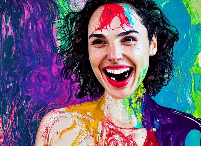 Image similar to portrait of gal gadot laughing, by vincent lefevre and hernan bas and pat steir and hilma af klint, psychological, photorealistic, dripping paint, washy brush, rendered in octane, altermodern, masterpiece