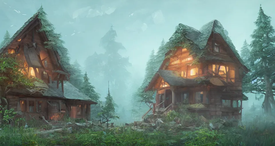 Prompt: a painting of a house in the middle of a forest, a low poly render by senior environment artist, featured on polycount, fantasy art, artstation hq, 2 d game art, rendered in unreal engine