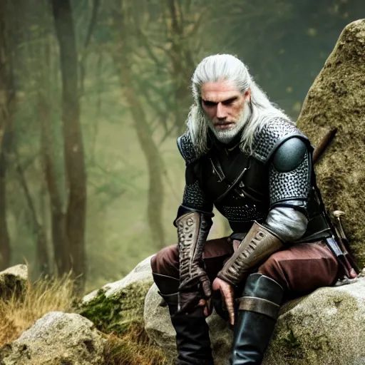Prompt: film still of of geralt from the witcher, sitting on a rock deep in thought, his arm bent and chin resting on his wrist
