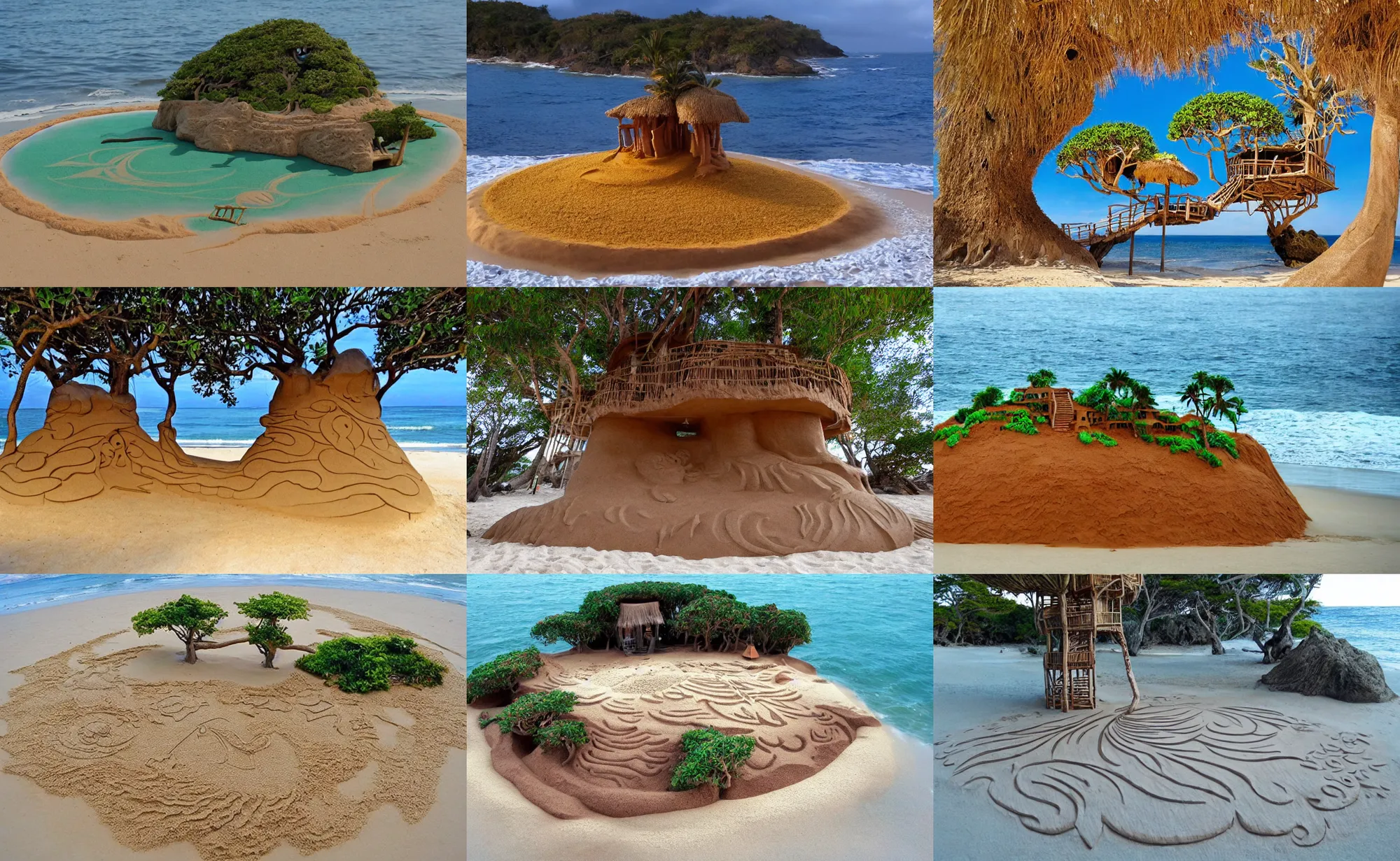 Prompt: sand art of a mystical island treehouse on the ocean