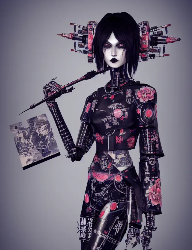 Image similar to full body portrait of a gothic style punk geisha robot with kanji tattoos and decals wearing a digital pixelated kimono, intricate design, photo - realistic, octane render, dark colour palette, ultra fine detailed, character design, trending on artstation