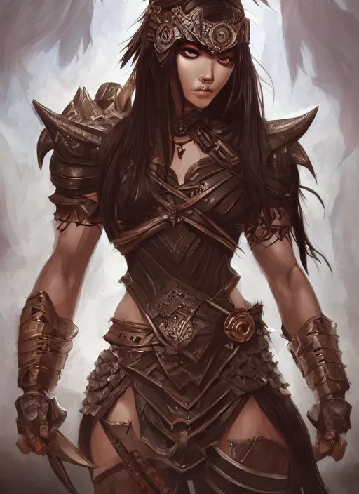 Image similar to beautiful warrior lady, black long hair, practical armor, brown skin, demonic eyes, low fantasy, extremely detailed, sharp focus, smooth, digital illustration, by rossdraws, frank franzzeta, sakimichan