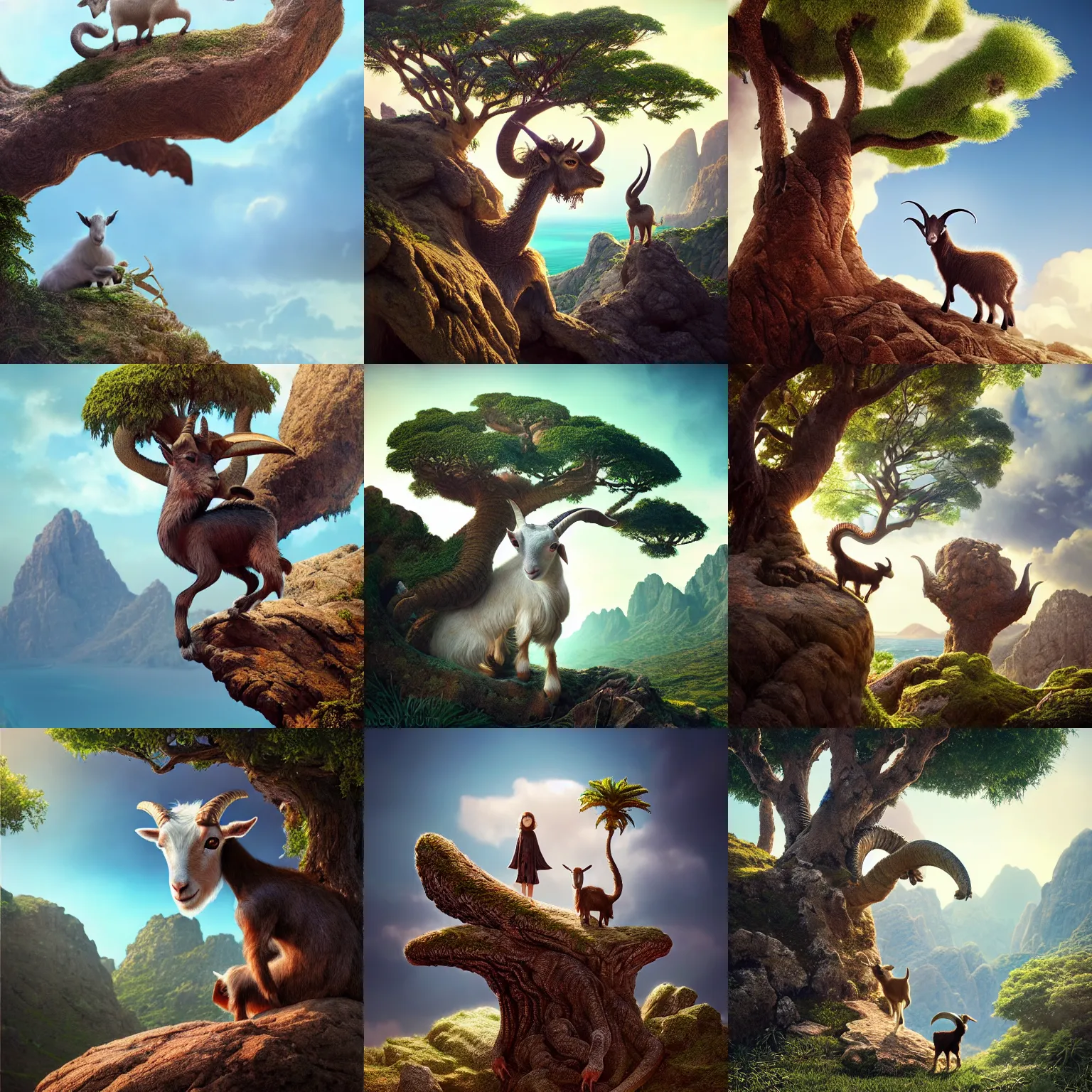 Prompt: very very small goat, sitting on a gigantic dragon tree in socotra island by ilya kuvshinov, rtx rendering, octane render 1 2 8 k, maya, extreme high intricate details by tom bagshaw, medium shot, close up shot, composition by sana takeda, lighting by greg rutkowski