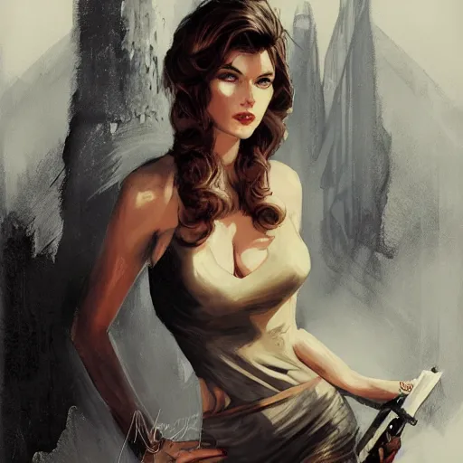 Image similar to portrait of modesty blaise, epic, fantasy, dieselpunk, hd shot, digital portrait, beautiful, artstation, comic magazine style, pencil drawing, by artgerm, guy denning, jakub rozalski, magali villeneuve and charlie bowater