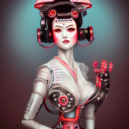 Prompt: An adorable whimsical cybernetic geisha wearing geisha clothing, highly detailed, digital painting, artstation, concept art, smooth, sharp focus, studio light, by Phil and Kaja Foglio,