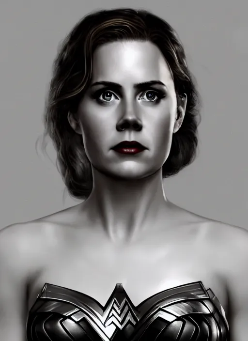 Image similar to a potrait of Amy Adams potrayed as Wonder Woman, Directed by Zack Snyder, Christopher Nolan, Sam Raimi, 8k photorealistic, cinematic lighting, HD, high details, dramatic, trending on artstation, above view, dark atmosphere,