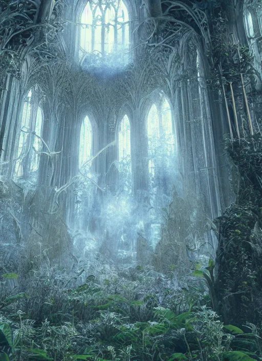 Prompt: mycelium growing into a cathedral in magical forest, 3 d render in octane, glossy, fractals, beautiful lighting, fog, depth, under water, ernst haeckel