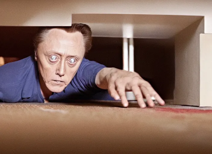 Image similar to film still of Christopher Walken hiding under a bed in the new Shining movie, 4k