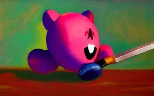 Image similar to Kirby threatening with a knife, oil painting on canvas, 8k, detailed, masterpiece