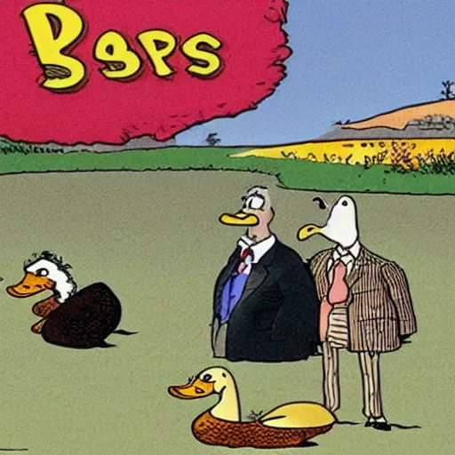 Prompt: a confusing gary larson far side cartoon about ducks and politicians