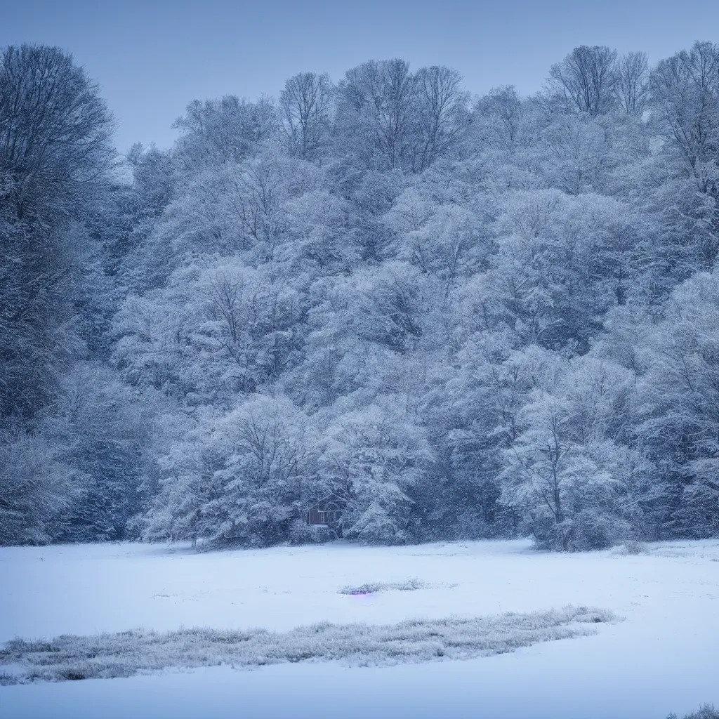 Prompt: landscape with house near forest and small pond, sunny winter evening, snowing, blizzard ambient, atmospheric, mystical, very detailed 4 k, professional photography