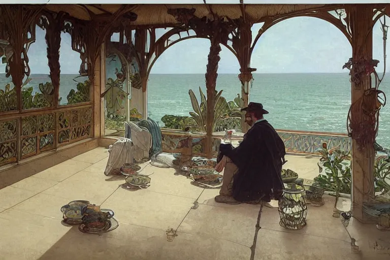 Prompt: a matte painting of a man sitting down and having a cup of tea in his house by the beach, by greg rutkowski, by alphonse mucha, muted colors