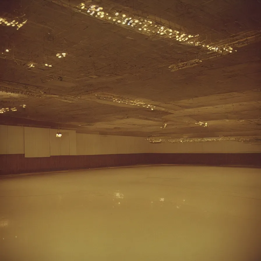 Image similar to 7 0 s movie still of an empty soviet ballroom flooded with hand, cinestill 8 0 0 t 3 5 mm, heavy grain, high quality, high detail