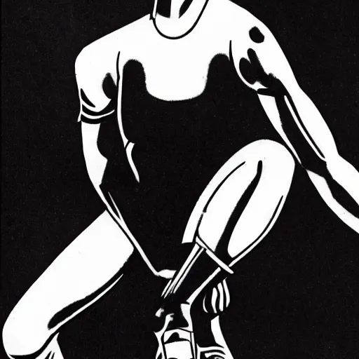 Image similar to Trinity the matrix, Female sprinter in athletic attire with cyborg legs, metal body, diesel punk, athletic footage, 1970's, olympics, cinematic, art deco