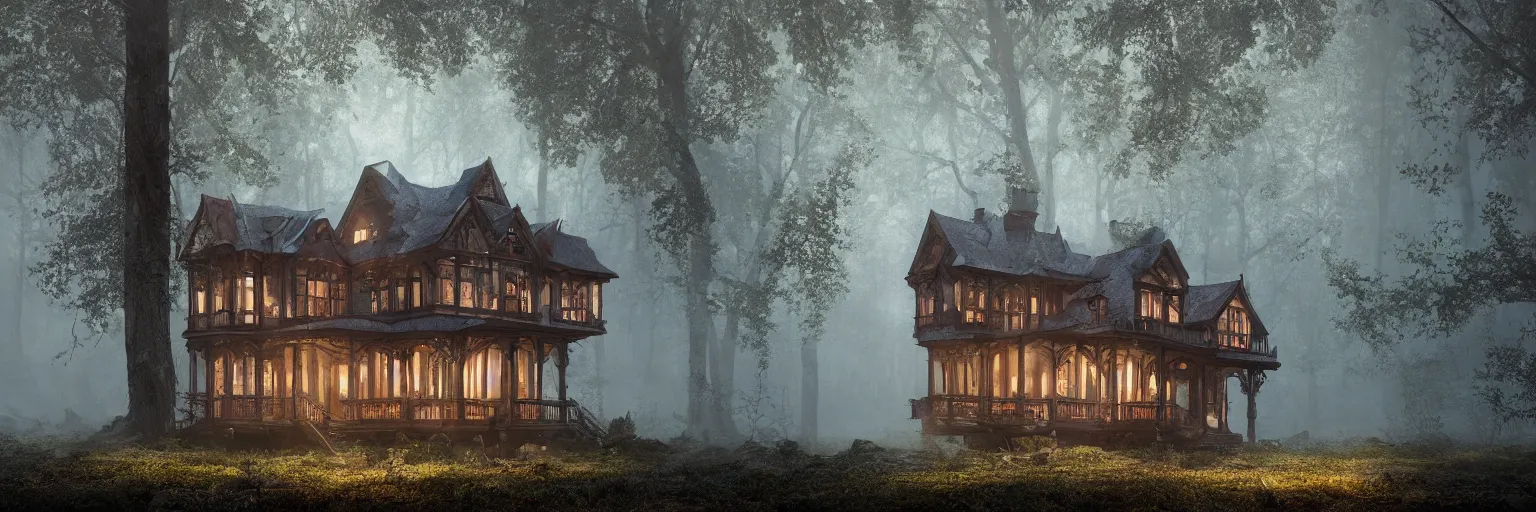 Image similar to victorian house made of wood in a dark forest with obsidian trees and Opal flowers, jade, lapis, eerie, painting, trending on artstation, octane render, atmospheric lighting, misty, rain