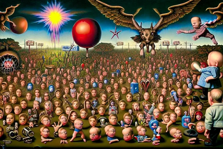 Image similar to a sparsely populated strange battle in an old hospital between old people and babies Robert Williams Mark Ryden and Alex Gross, Todd Schorr highly detailed deep perspective perfect composition