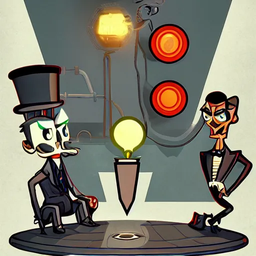 Image similar to nikola tesla as a cuphead boss on a level in the cuhpead style, level design, endgame boss, smooth, cinematic perspective, smooth, artstation, behance, deviantart