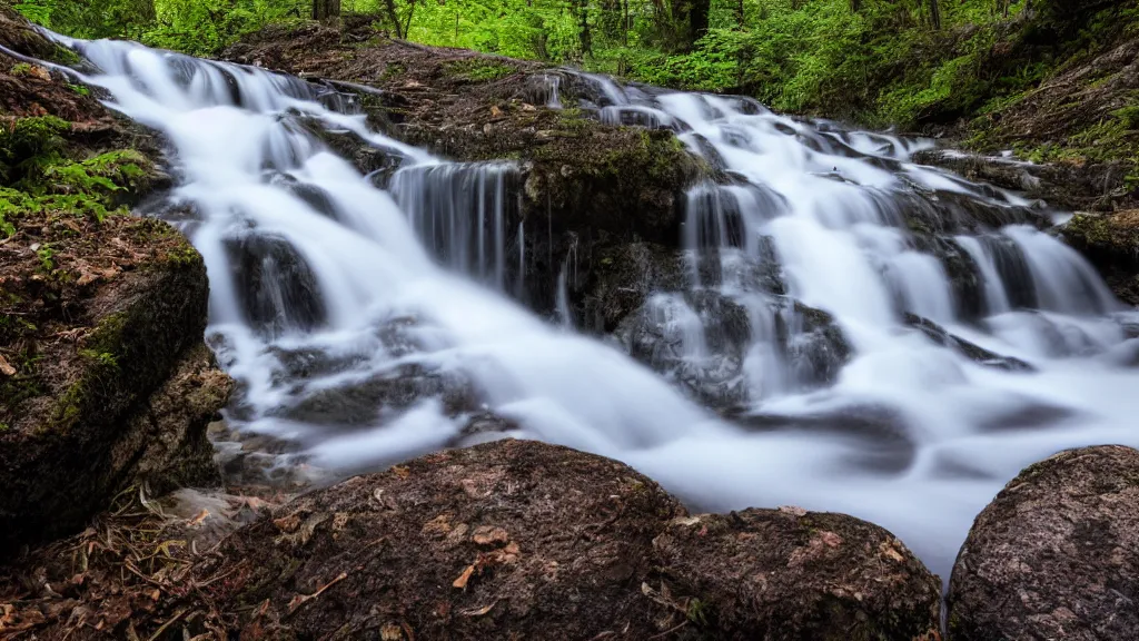 Prompt: long exposure photo of a waterfall