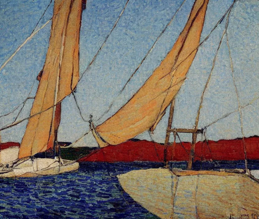Image similar to van Rysselberghe painting of a single mast sailboat
