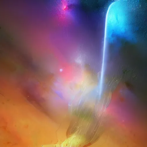 Image similar to dramatic render of a rain drop flying through a space nebula, cgsociety, artstation, 4k