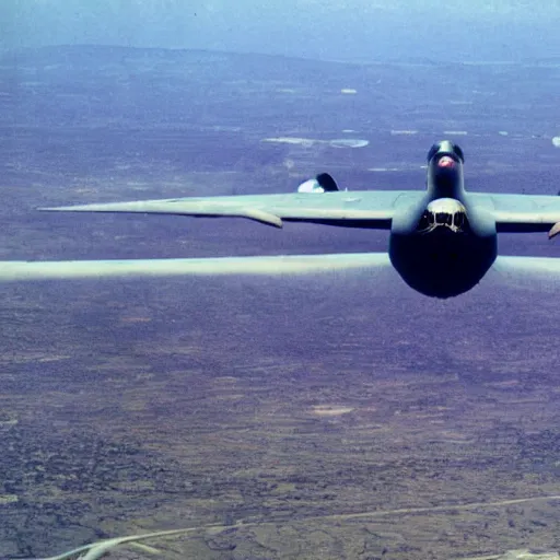 Prompt: b 5 2 bomber dropping bananas, aerial photography