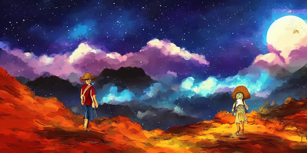 Image similar to luffy, mountain landscape, night sky, digital art, digital painting, celestial, majestic, playful, colorful