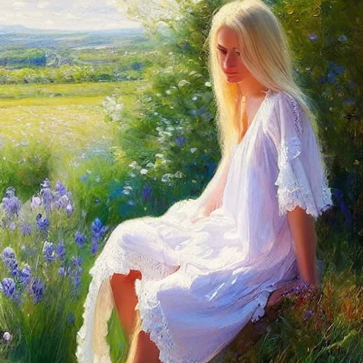 Prompt: blonde woman, nightgown, swedish countryside, archipelago, morning, masterpiece, highly detailed, beautiful, atmospheric, impressionism, painting by Vladimir Volegov