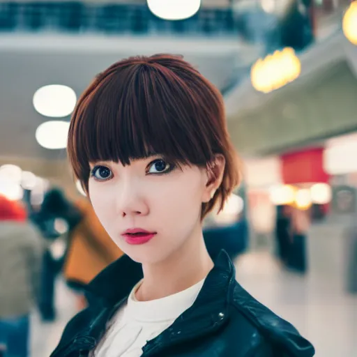 Image similar to a closeup portrait of woman walking in mall alone in style of 1990s, street photography seinen manga fashion edition, focus on face, eye contact, tilt shift style scene background, soft lighting, Kodak Portra 400, cinematic style, telephoto