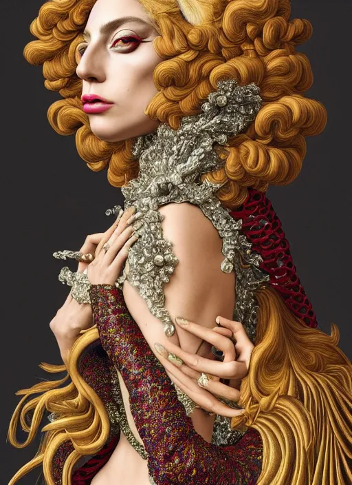 Prompt: lady gaga : : by sandro botticelli : : ornate, dynamic, particulate, rich colors, intricate, elegant, highly detailed, vogue, harper's bazaar art, fashion magazine, smooth, sharp focus, 8 k, octane render,