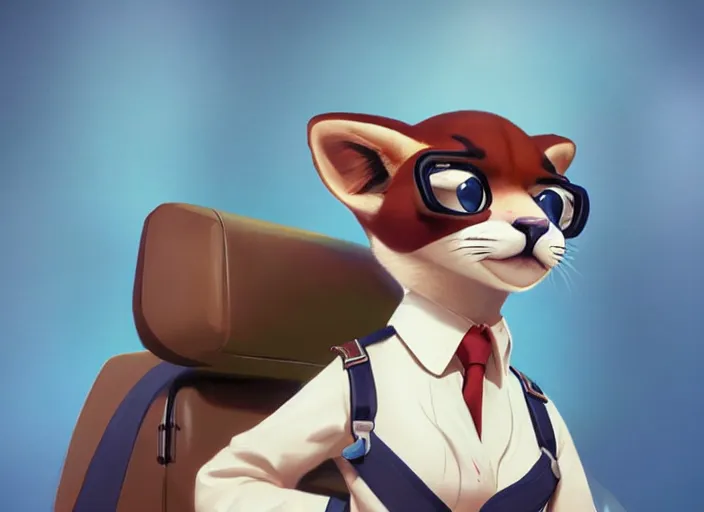 Image similar to character portrait feature of the anthro female anthropomorphic puma fursona wearing airline pilot outfit uniform professional pilot for delta airlines character design stylized by charlie bowater, ross tran, artgerm, and makoto shinkai, detailed, soft lighting, rendered in octane