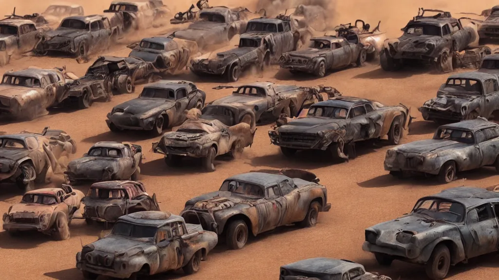 Image similar to pixar cars in mad max fury road, cartoon eyes, war boys, furiosa, explosions, imax