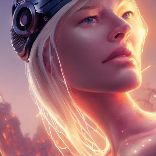 Prompt: highly detailed closeup portrait of a beautiful blonde female cyborg, in disney, stephen bliss, unreal engine, art by greg rutkowski, loish, rhads, ferdinand knab, makoto shinkai and lois van baarle, ilya kuvshinov, rossdraws, tom bagshaw, global illumination, radiant light, detailed and intricate environment