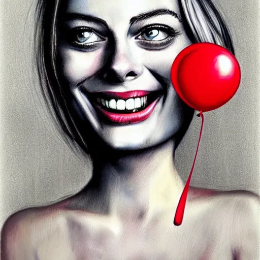 Prompt: surrealism grunge cartoon portrait sketch of margot robbie with a wide smile and a red balloon by - michael karcz, loony toons style, homer simpson style style, horror theme, detailed, elegant, intricate