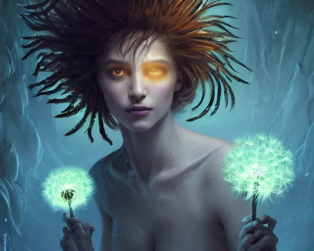 Image similar to 4 k cinematic still portrait of a bipedal dandelion monster in a dark liminal space room, amber glow, deep focus, d & d, fantasy, intricate, elegant, highly detailed, digital art, art station, concept art, matte, sharp focus, illustration, dark fantasy art, hearthstone, art by artgerm and greg rutkowski and alphonse mucha