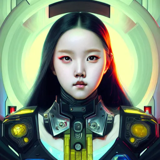 Image similar to portrait painting of olivia hye kpop as a cheerful smiling cyberpunk mercenary, ultra realistic, concept art, intricate details, eerie, highly detailed, photorealistic, octane render, 8 k, unreal engine. art by artgerm and greg rutkowski and magali villeneuve and alphonse mucha