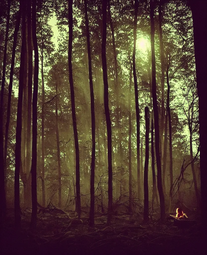 Image similar to “ dense dead forest with glowing orbs, woman sitting ”