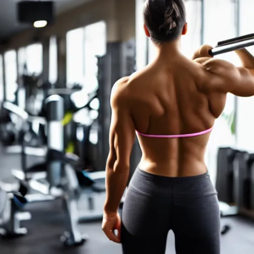 Prompt: back view of a muscular person working out at the gym