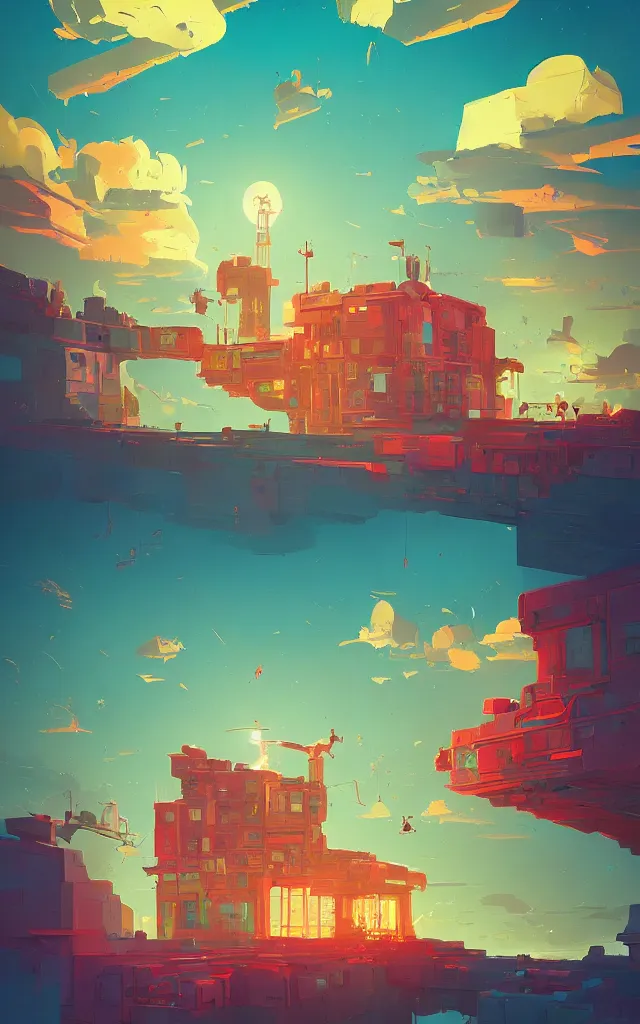 Image similar to a stunning building in a fantastic landscape against a ridiculous sky by Anton Fadeev and Simon Stålenhag