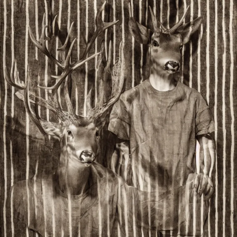 Image similar to deer headed man, striped prison clothing, old jail mugshot